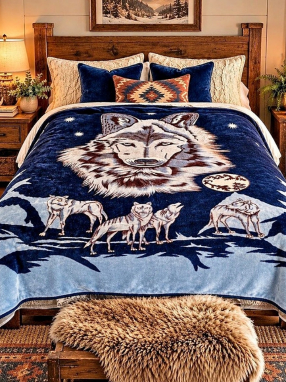 Wolf Blanket Queen 74x82 Thick Fleece Blue Wildlife Cabin Lodge